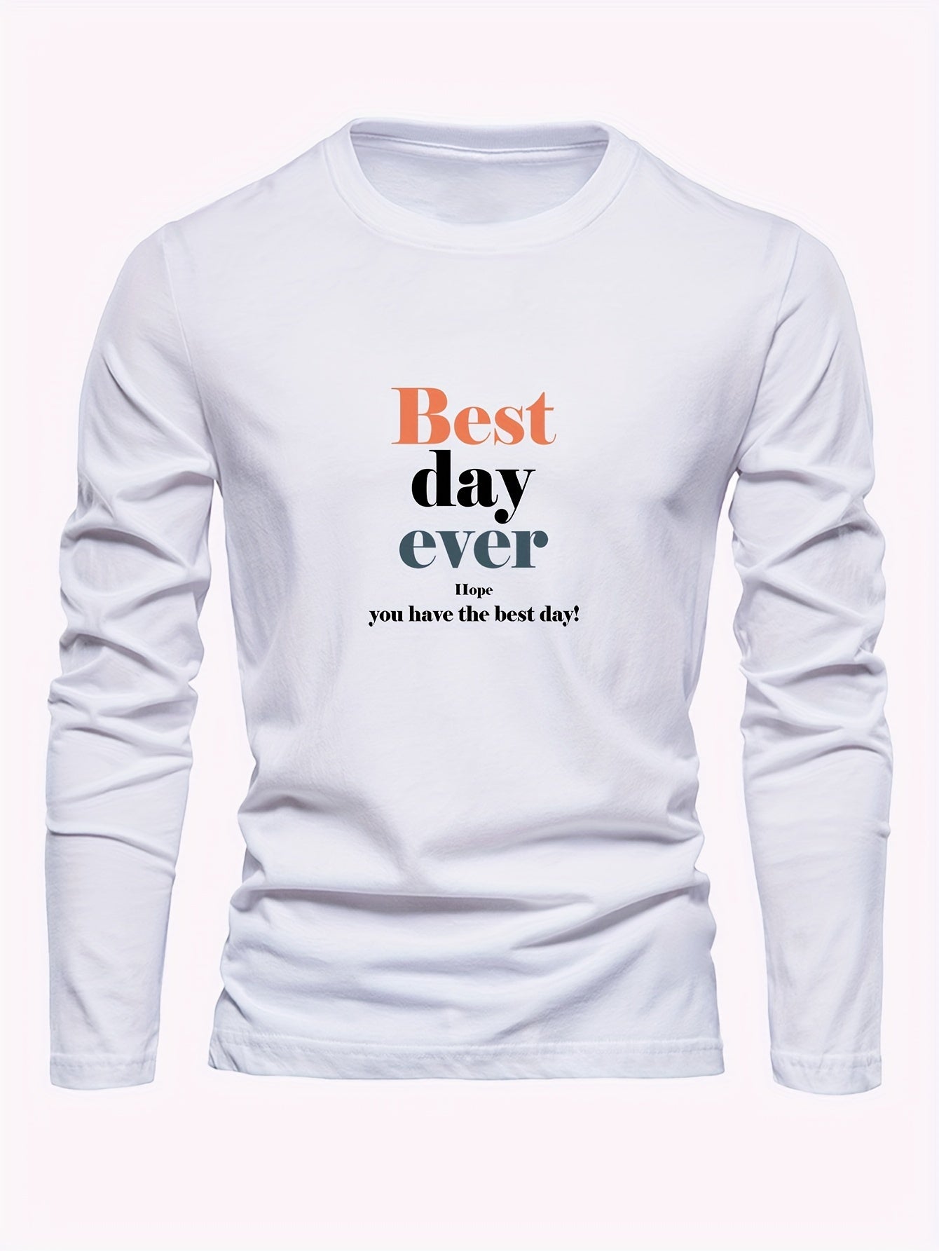 3-Pack Men's Long Sleeve T-Shirts 100% Cotton, Casual Round Neck, Alphabet Print, Knit Fabric, Best Day Ever Design, Spring/Fall Collection