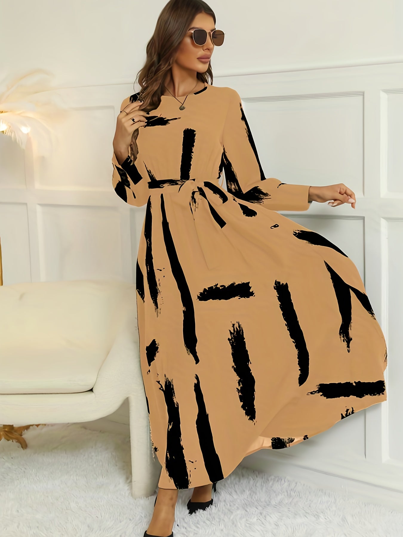 Brush Print Keyhole Dress, Elegant Long Sleeve Maxi Dress, Women's Clothing